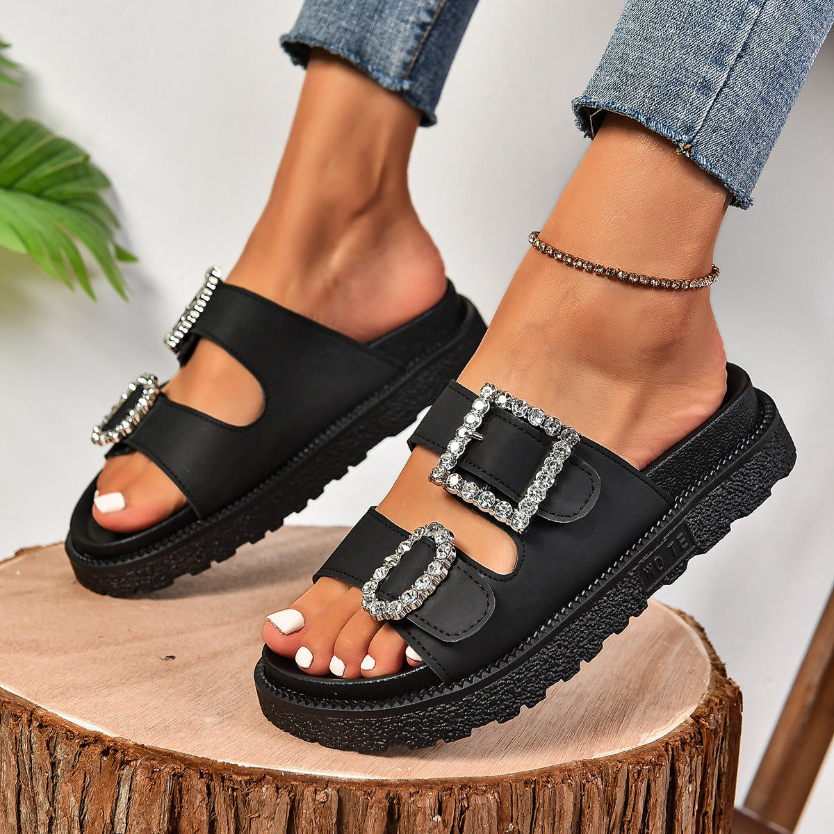 Fashion Rhinestone Belt Buckle Platform Sandals