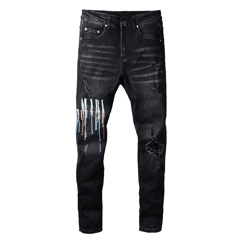 Dazzling Color Letters Black Men's Jeans