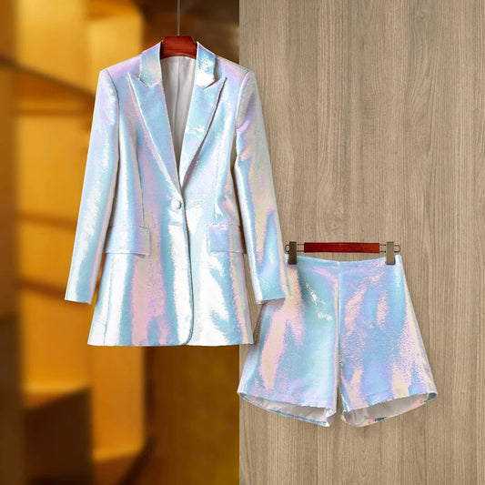 Party Evening Design Shining Bling 2PCS White Blazer Shorts Suits Euopean American Style Sequins Twin Sets High Quality