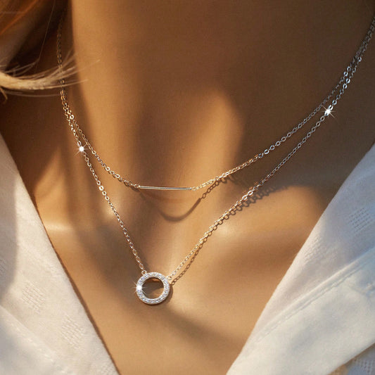 925 Simple Elegant Sterling Silver Round Cubic Zirconia Layered Double-layer Necklace With Long Stick