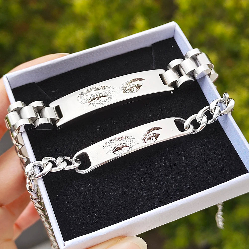 Personalized Eyes Photo Couple Bracelet Customized Picture Bracelet Engravable Picture Stainless Steel Gifts for Family Father