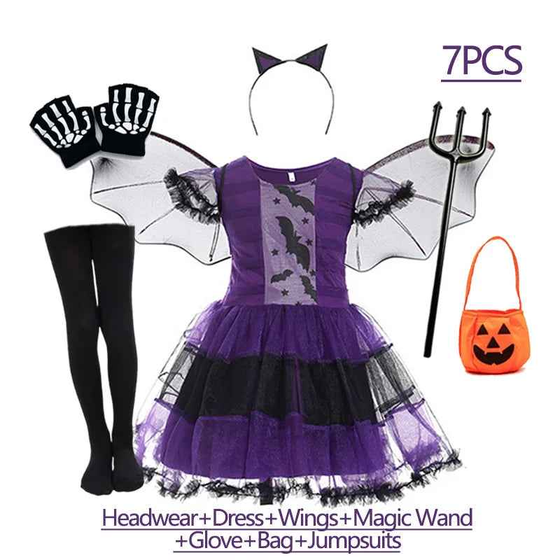 Girls Purple Bat Dress Kids Fancy Cosplay Vampire Demon Costume With Wing Headwear Halloween Carnivat Witch Role Play Clothes