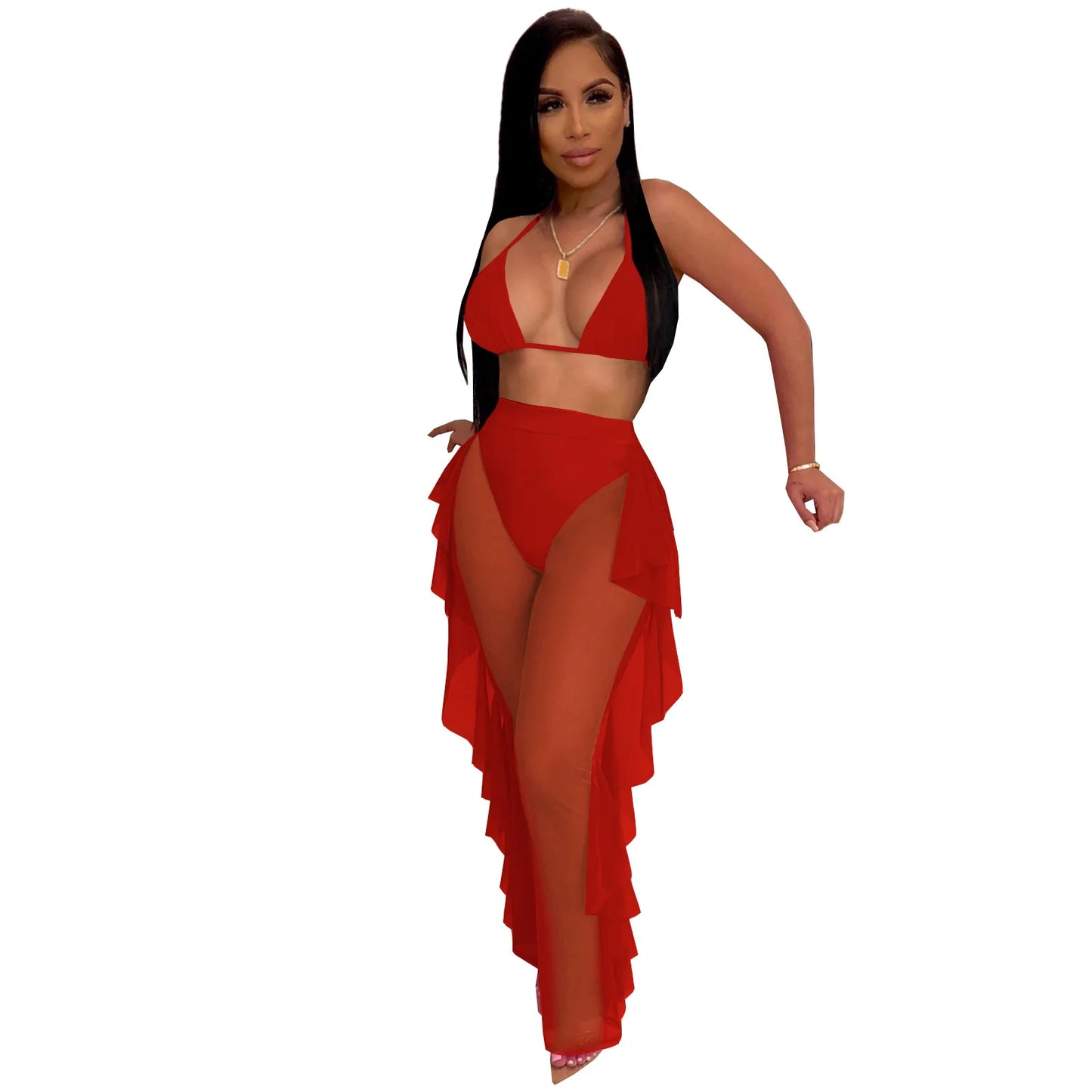 Swimsuit Women Cover Up 2 Piece Set Bandage Bra Underwear And Pant Fashion Ruffle Splice Beach Swimwear Mesh Bikini Cover Up Set