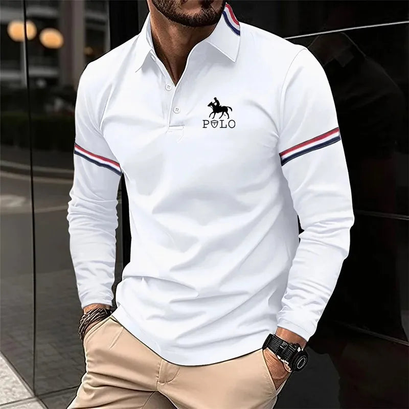 Autumn men's long sleeved shirt with fashionable printed long sleeved polo shirt