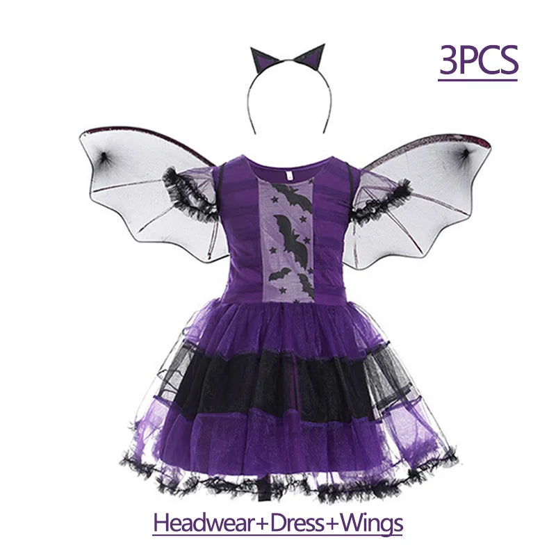 Girls Purple Bat Dress Kids Fancy Cosplay Vampire Demon Costume With Wing Headwear Halloween Carnivat Witch Role Play Clothes