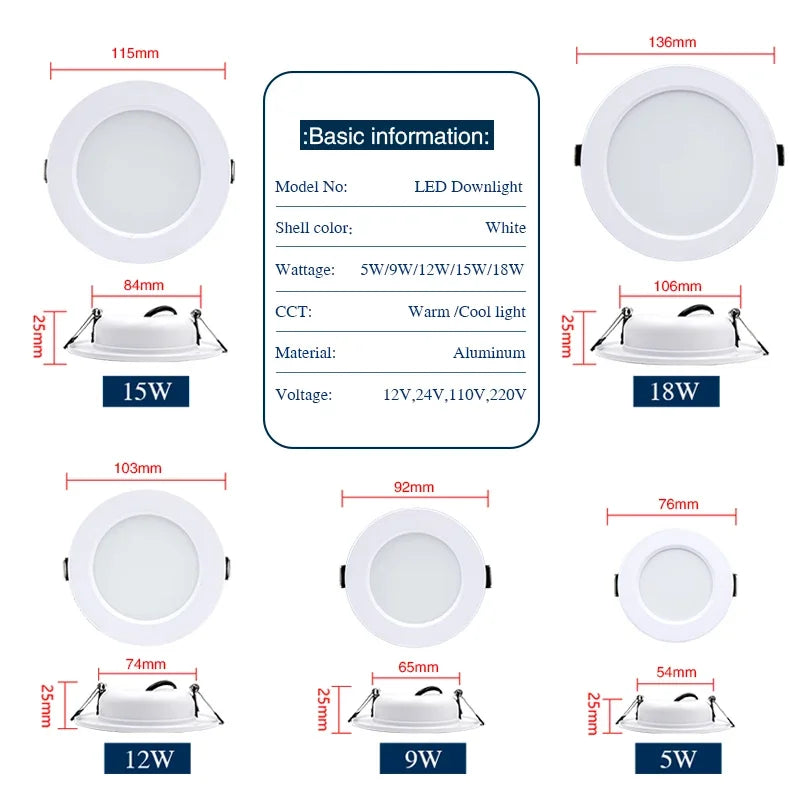 LED Downlight 5W 9W 12W 15W 18W Recessed Round Led Ceiling Lamp 110V 220V DC12V 24V Panel Lights Indoor Lighting Warm/Cold White