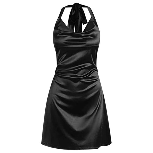 Satin Slip Dress Women Silk Low Cut Smocked Solid Color Party Dresses Cowl Neck Backless Mini Dress Nightclub Short Vestidos