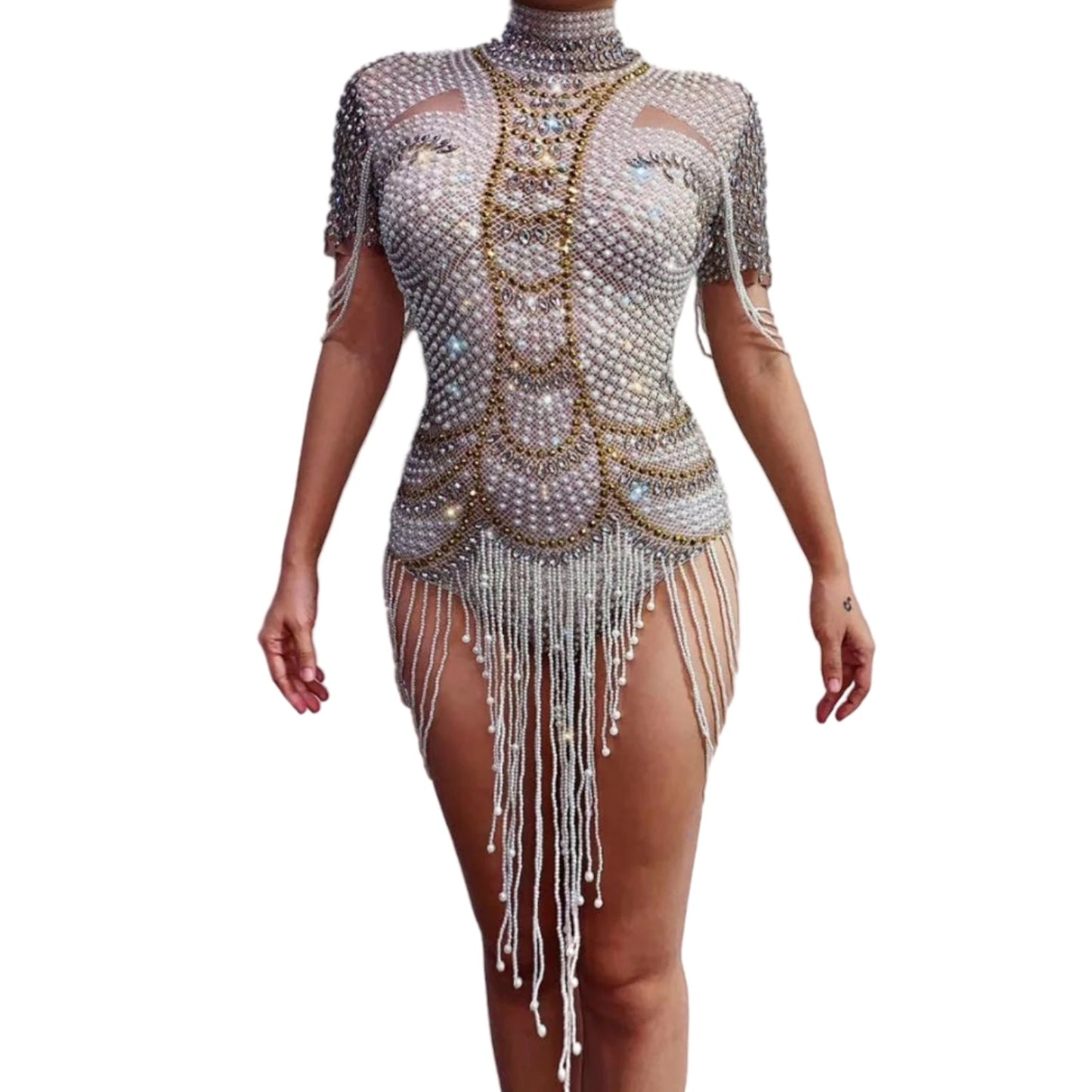 Vintage Pearls Rhinestone Party Bodysuits Stretch Fringes Crystal Leotard Women Dance Costume Showgirl Performance Wear Xiangya