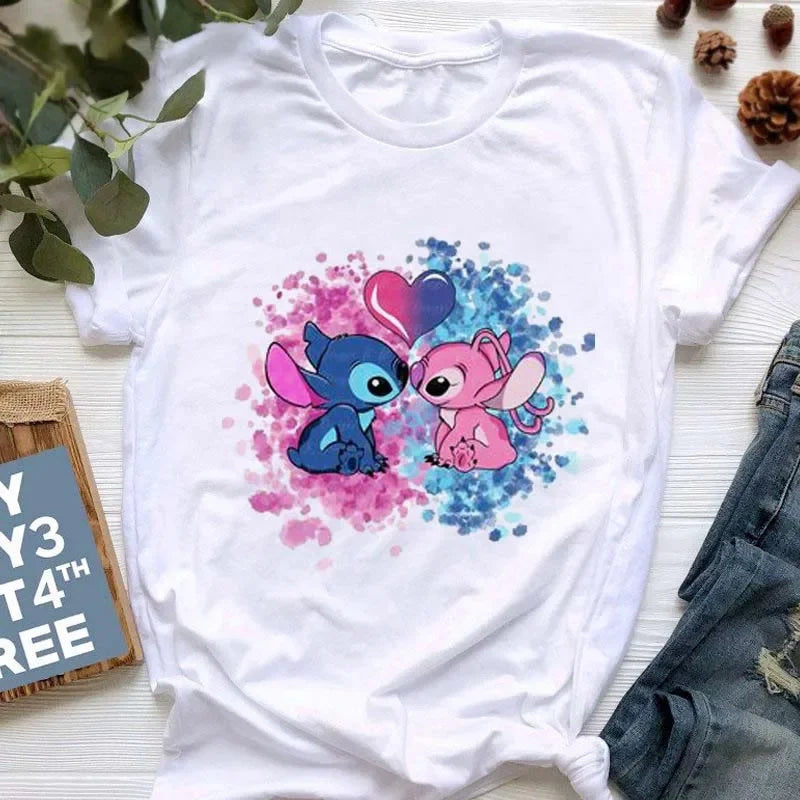 Kawaii stitch T Shirt Women Summer Tops Cartoon Heart Graphic Tees Cute Anime T-shirt Female Tshirt  Clothes