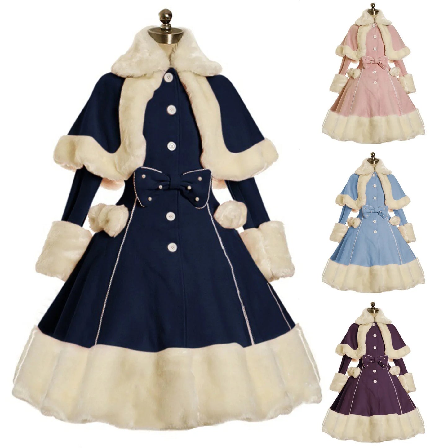 Vintage Gothic Lolita Dress Suit Women Fur Collar Long Sleeves Shawl Cute Single-breasted Winter Warm Thick Bow Dresses 2024