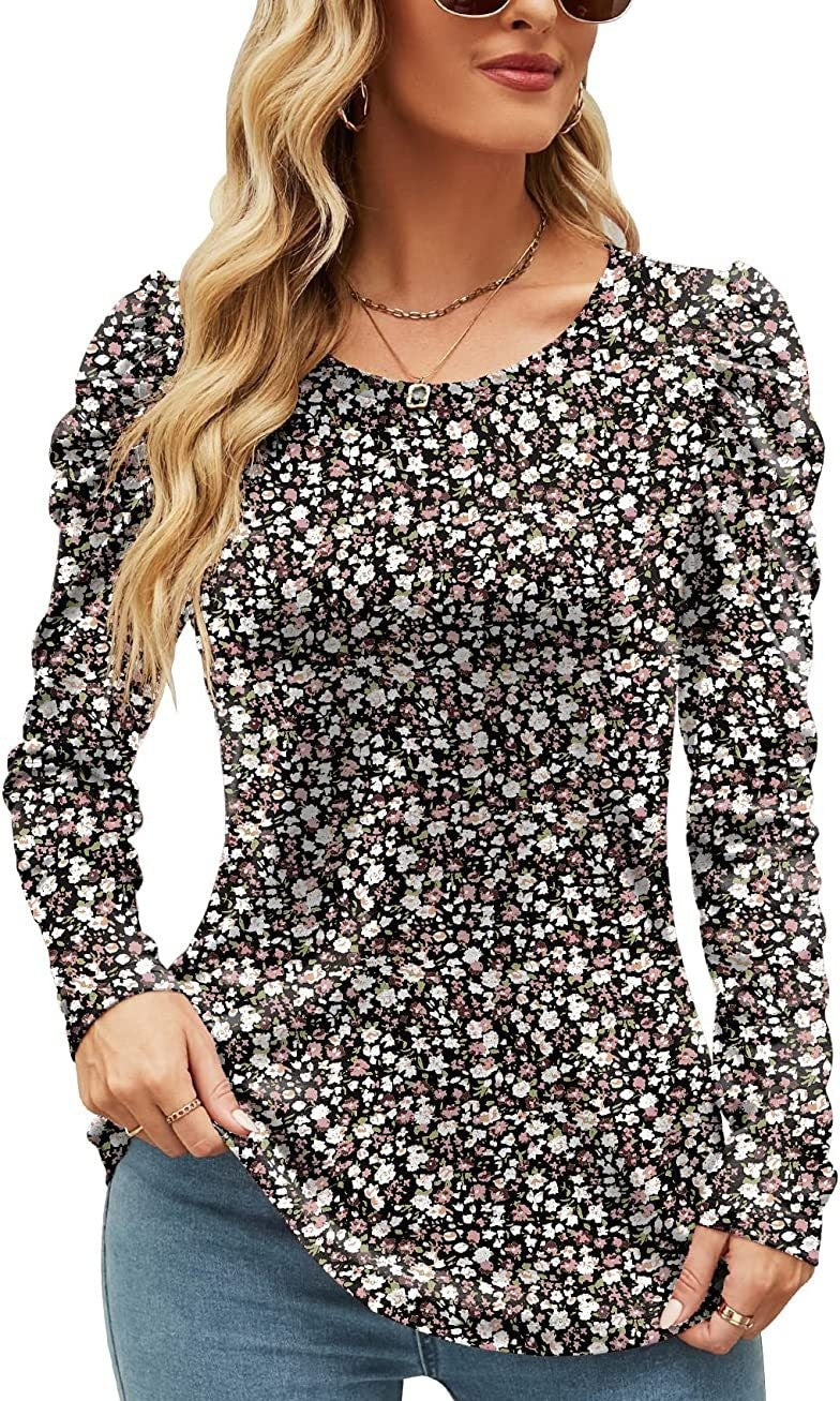 Printed Round Neck Long Sleeve Waist Top