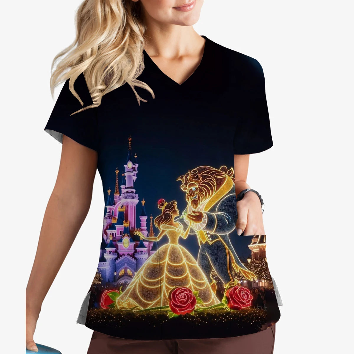 Beauty and the Beast Print Fashion Disney Short Sleeve V-Neck Print Scrub Top Pet Shop Veterinary Women's Nursing Clothes