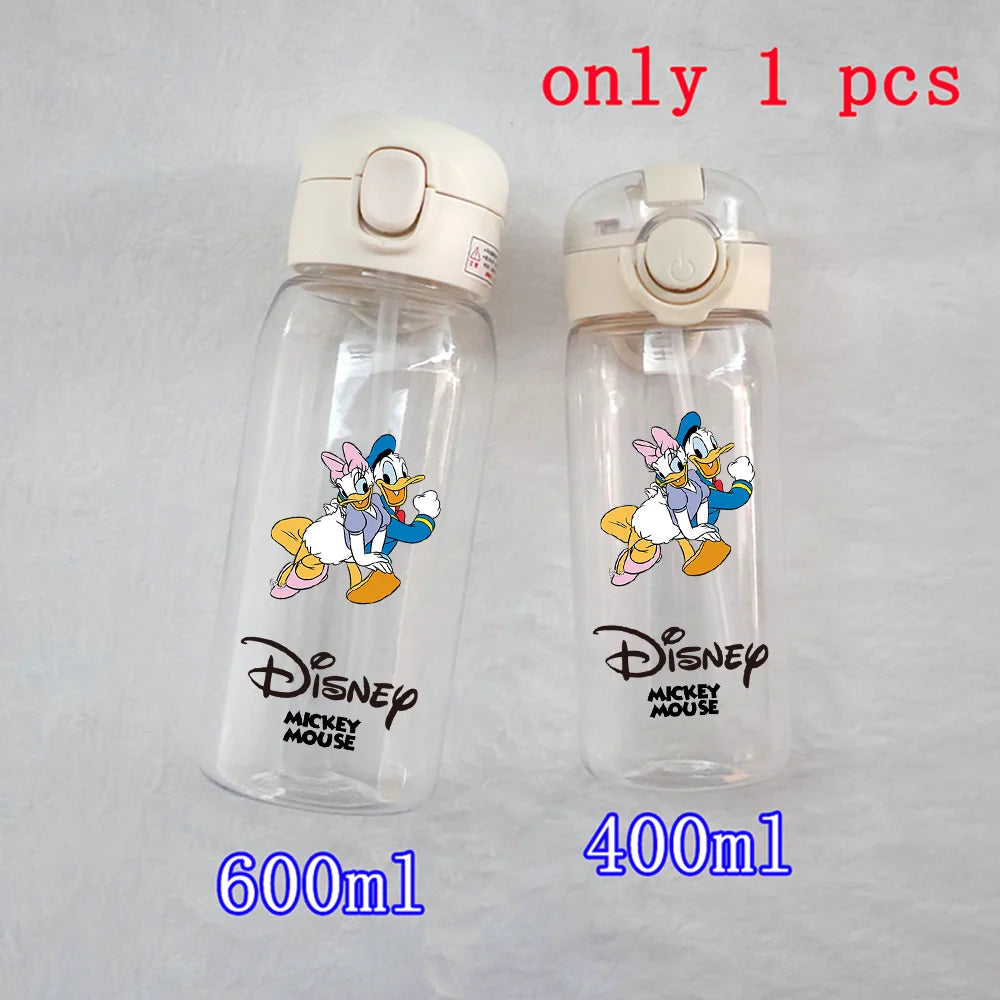 400-600ML Disney Mickey Mouse Straw Plastic Water Bottle Large Capacity Portable Transparent Kids Drinking Water Cup Donald Duck