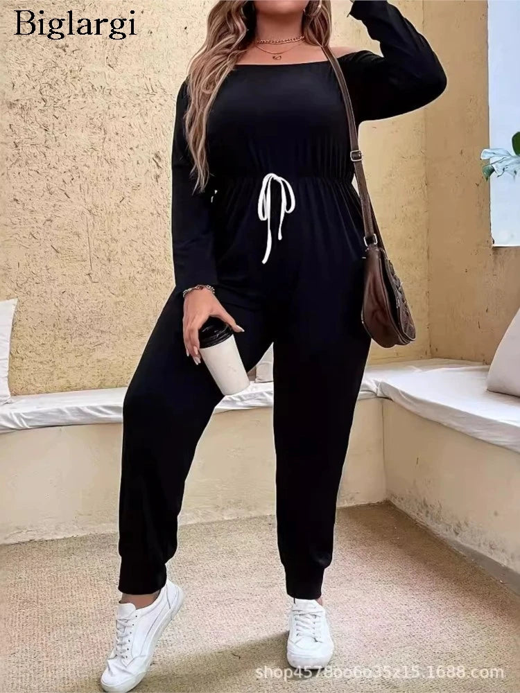 Plus Size Summer Elastic High Waist Jumpsuit Women Off Shoulder Fashion Casual Ladies Jumpsuits Loose Long Sleeve Woman Jumpsuit