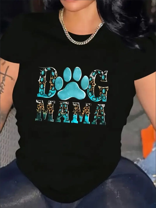 Stylish Dog MaMa Print Crew Neck Short Sleeve Plus Size Women T-Shirt Graphic Tee Shirt For Everyday Wear,