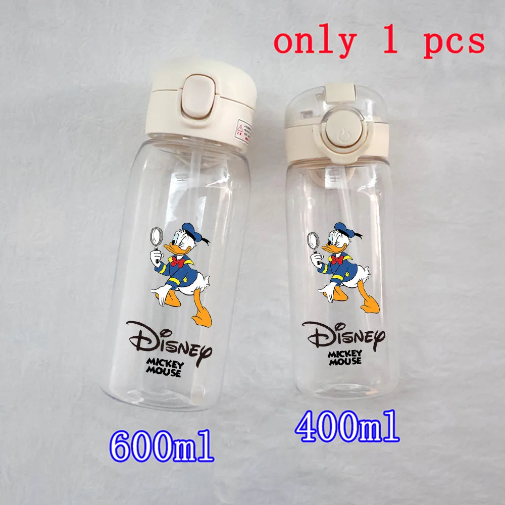 400-600ML Disney Mickey Mouse Straw Plastic Water Bottle Large Capacity Portable Transparent Kids Drinking Water Cup Donald Duck