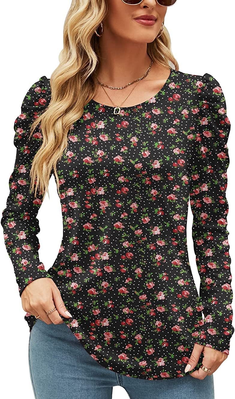 Printed Round Neck Long Sleeve Waist Top