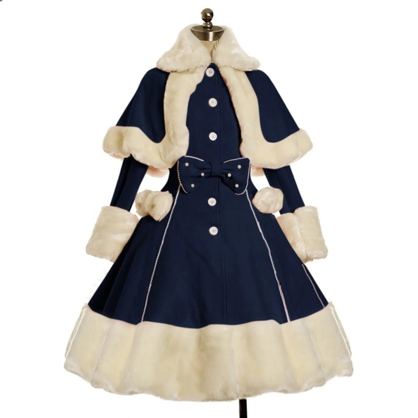 Vintage Gothic Lolita Dress Suit Women Fur Collar Long Sleeves Shawl Cute Single-breasted Winter Warm Thick Bow Dresses 2024