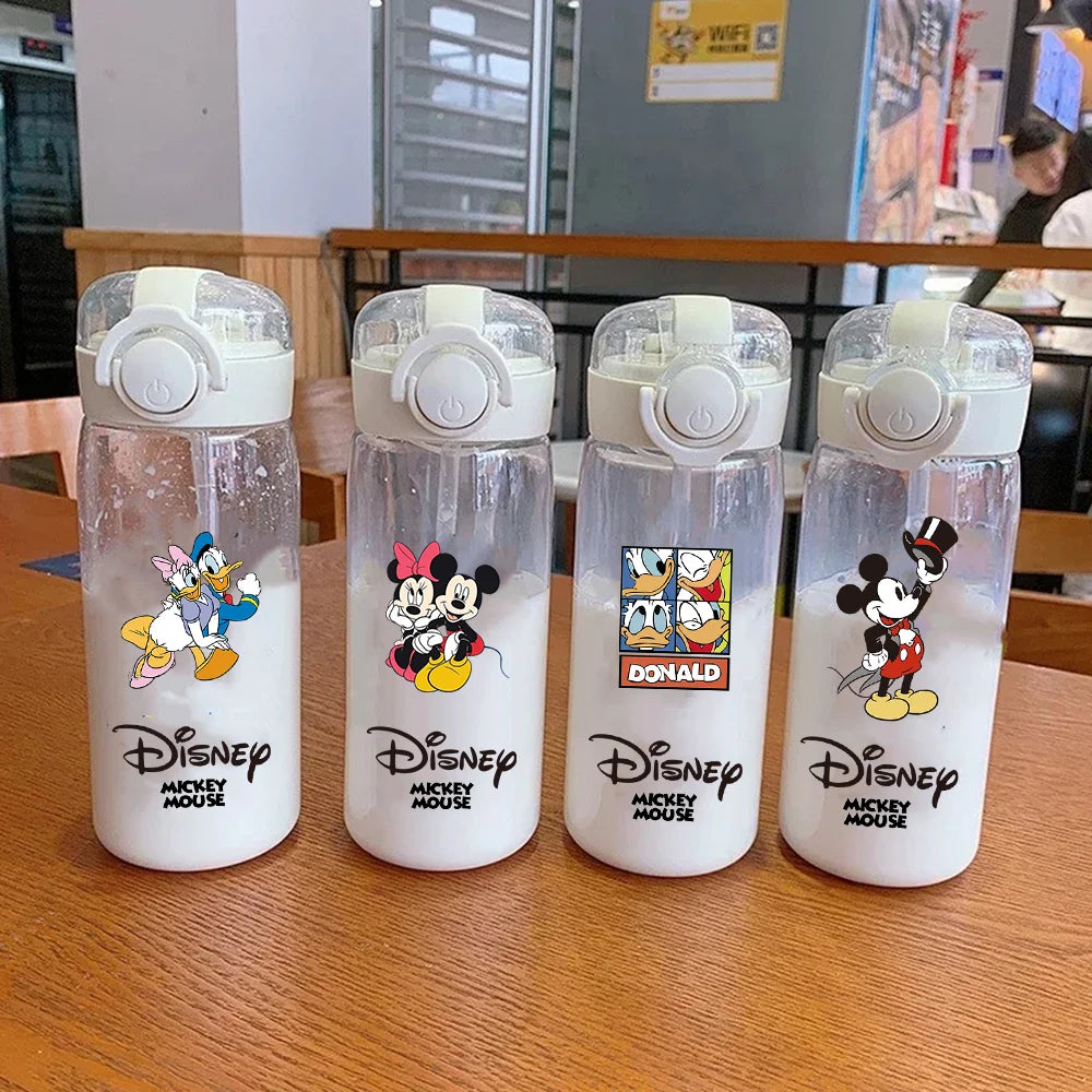 400-600ML Disney Mickey Mouse Straw Plastic Water Bottle Large Capacity Portable Transparent Kids Drinking Water Cup Donald Duck