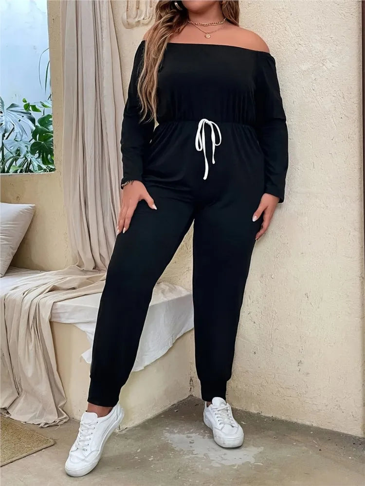 Plus Size Summer Elastic High Waist Jumpsuit Women Off Shoulder Fashion Casual Ladies Jumpsuits Loose Long Sleeve Woman Jumpsuit