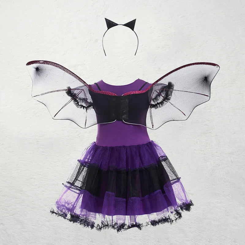 Girls Purple Bat Dress Kids Fancy Cosplay Vampire Demon Costume With Wing Headwear Halloween Carnivat Witch Role Play Clothes