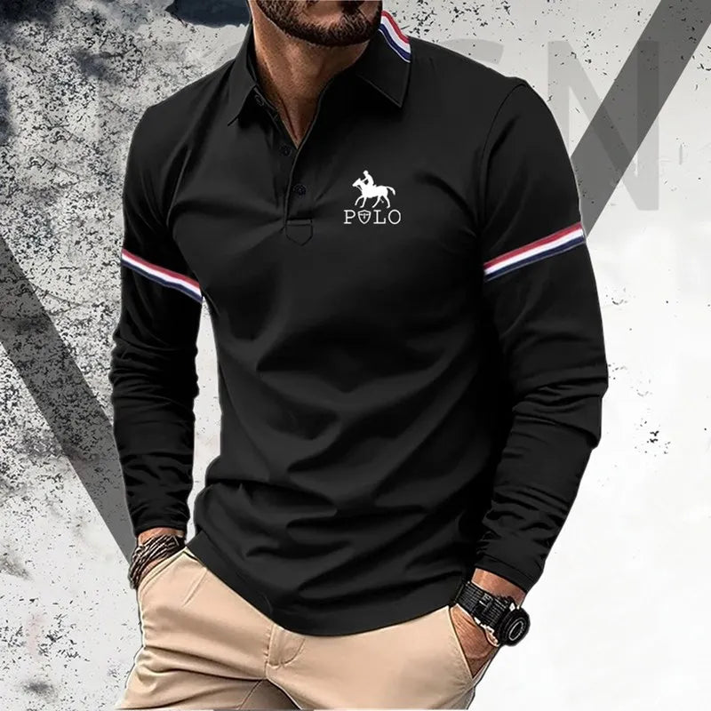 Autumn men's long sleeved shirt with fashionable printed long sleeved polo shirt