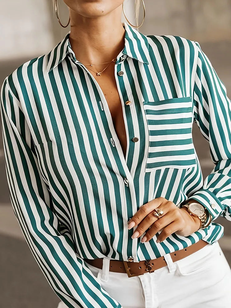 Plus Size Casual Blouse, Women's Plus Stripe Print Long Sleeve Button Up Lapel Collar Shirt Top