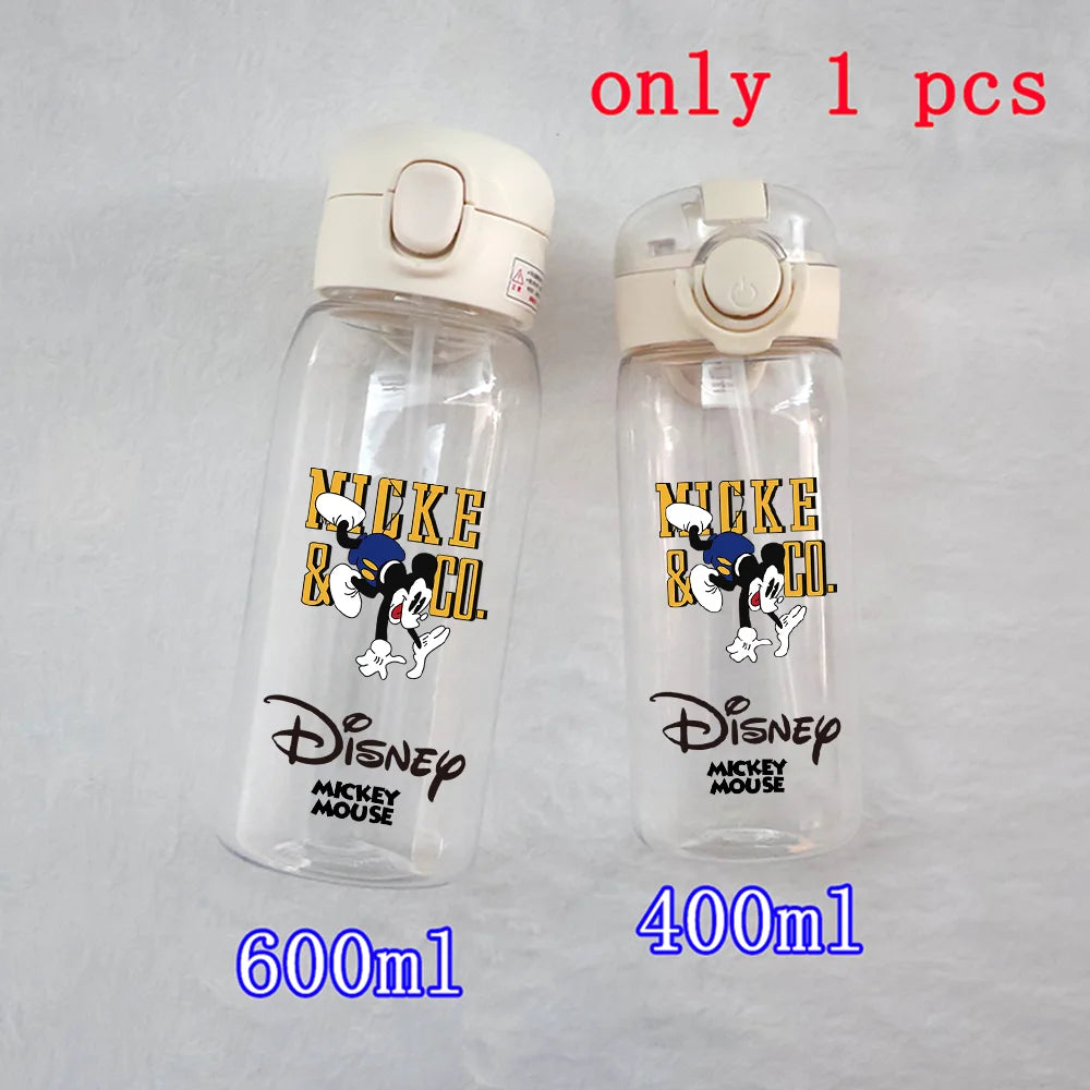 400-600ML Disney Mickey Mouse Straw Plastic Water Bottle Large Capacity Portable Transparent Kids Drinking Water Cup Donald Duck