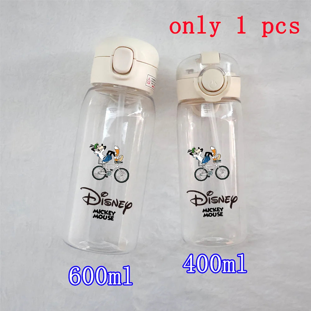 400-600ML Disney Mickey Mouse Straw Plastic Water Bottle Large Capacity Portable Transparent Kids Drinking Water Cup Donald Duck