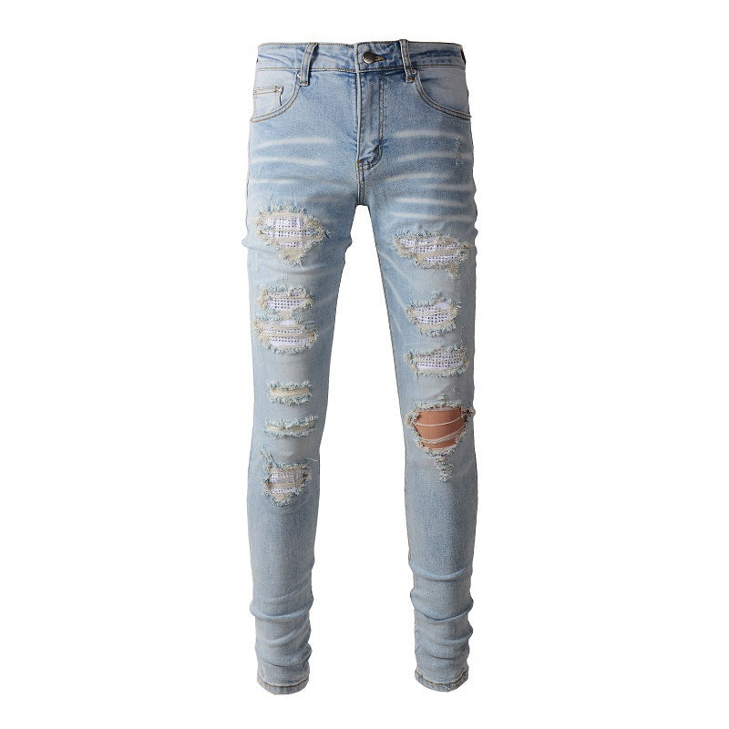 Men's Ripped Denim Casual Trousers Slightly Elastic