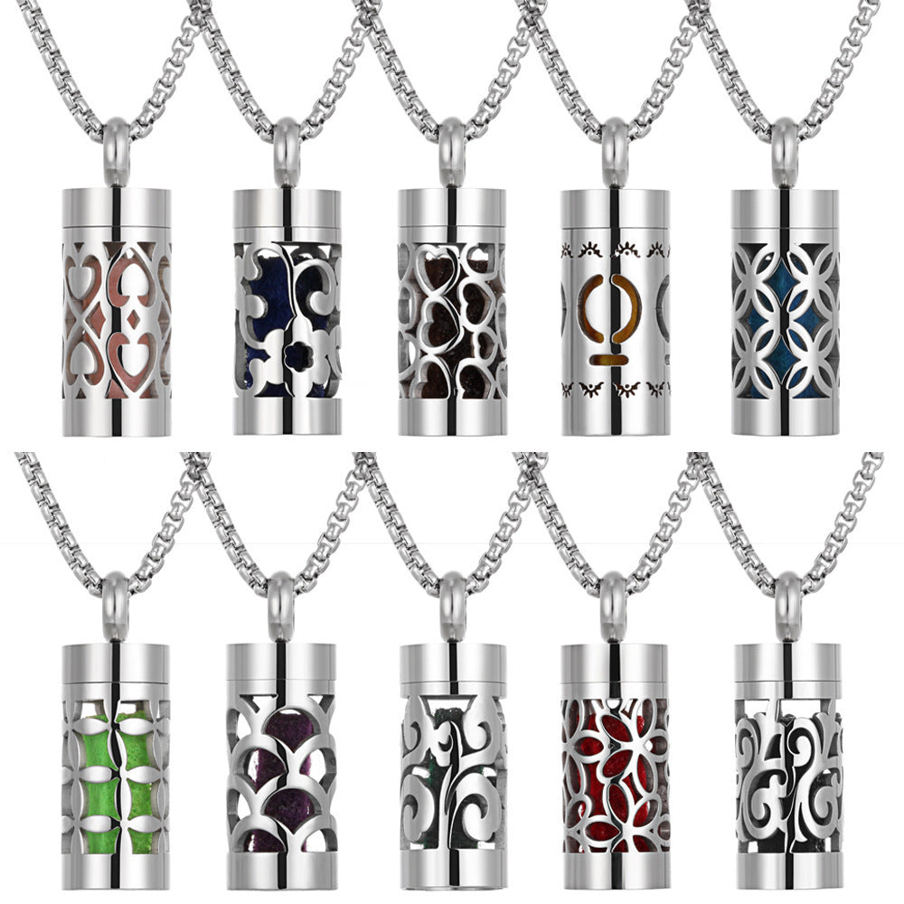 Aromatherapy Stainless Steel Pendant Cylindrical Corrugated Pendant Perfume Diffuser Hollow Perfume Necklace