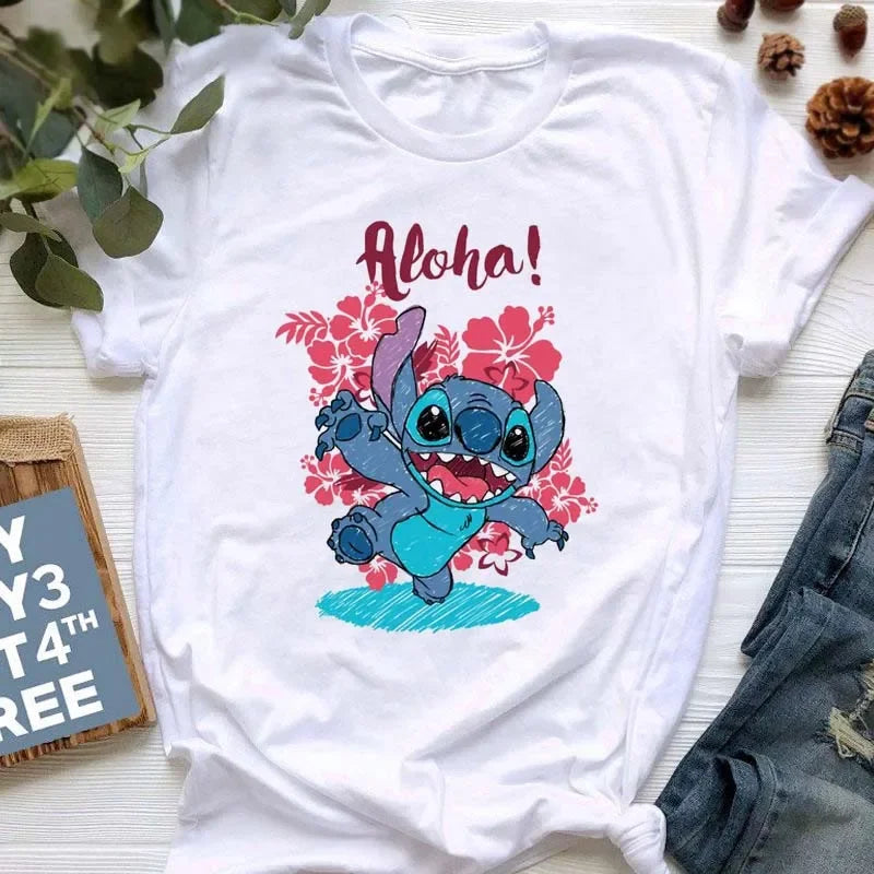 Kawaii stitch T Shirt Women Summer Tops Cartoon Heart Graphic Tees Cute Anime T-shirt Female Tshirt  Clothes