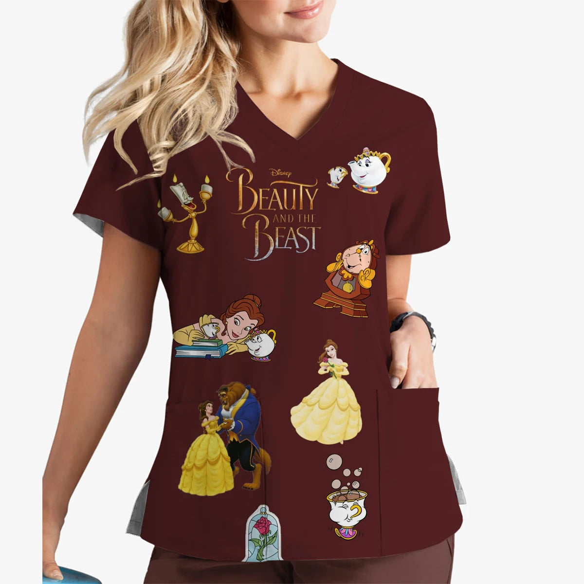 Beauty and the Beast Print Fashion Disney Short Sleeve V-Neck Print Scrub Top Pet Shop Veterinary Women's Nursing Clothes