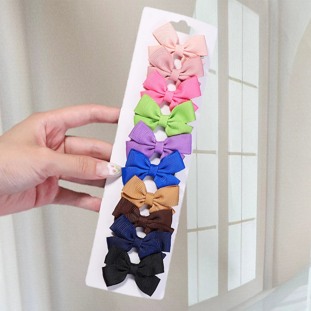 10Pcs/set Soft Cotton Bow Hairpin Girl Sweet Plaid Design Hairclip Solid Color Lovely Hairgripe Barrettes Kids Hair Accessories