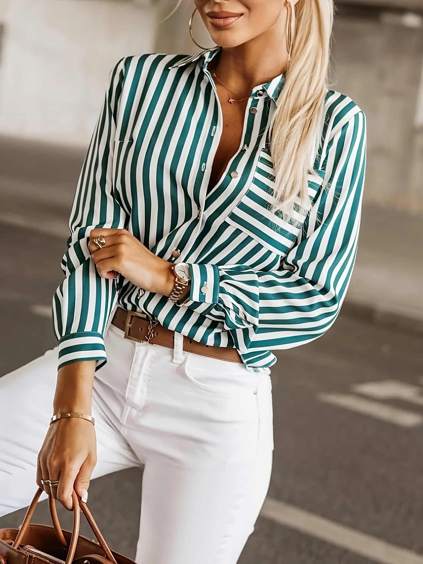 Plus Size Casual Blouse, Women's Plus Stripe Print Long Sleeve Button Up Lapel Collar Shirt Top