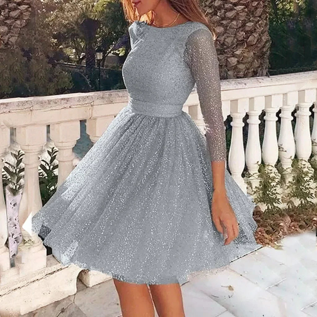 Women Sling Cross O-Neck Slim Hollow Lace Dress Elegant Ladies Tie Waist Wedding Party Dress Fashion Femal Silver Sequined Dress