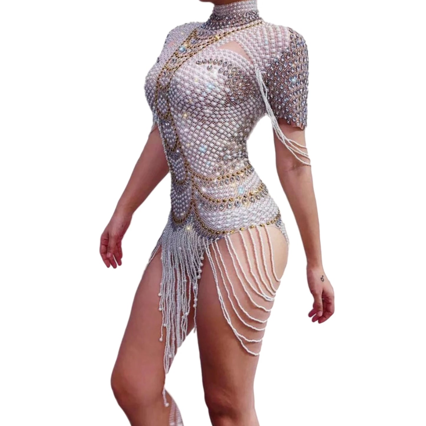 Vintage Pearls Rhinestone Party Bodysuits Stretch Fringes Crystal Leotard Women Dance Costume Showgirl Performance Wear Xiangya