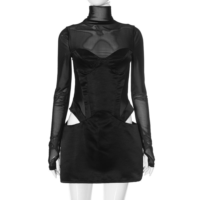 Mesh Patchwork Turtleneck Sexy Slim-fit Hollow-out Cut Sheath Dress