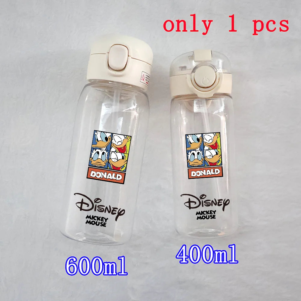 400-600ML Disney Mickey Mouse Straw Plastic Water Bottle Large Capacity Portable Transparent Kids Drinking Water Cup Donald Duck