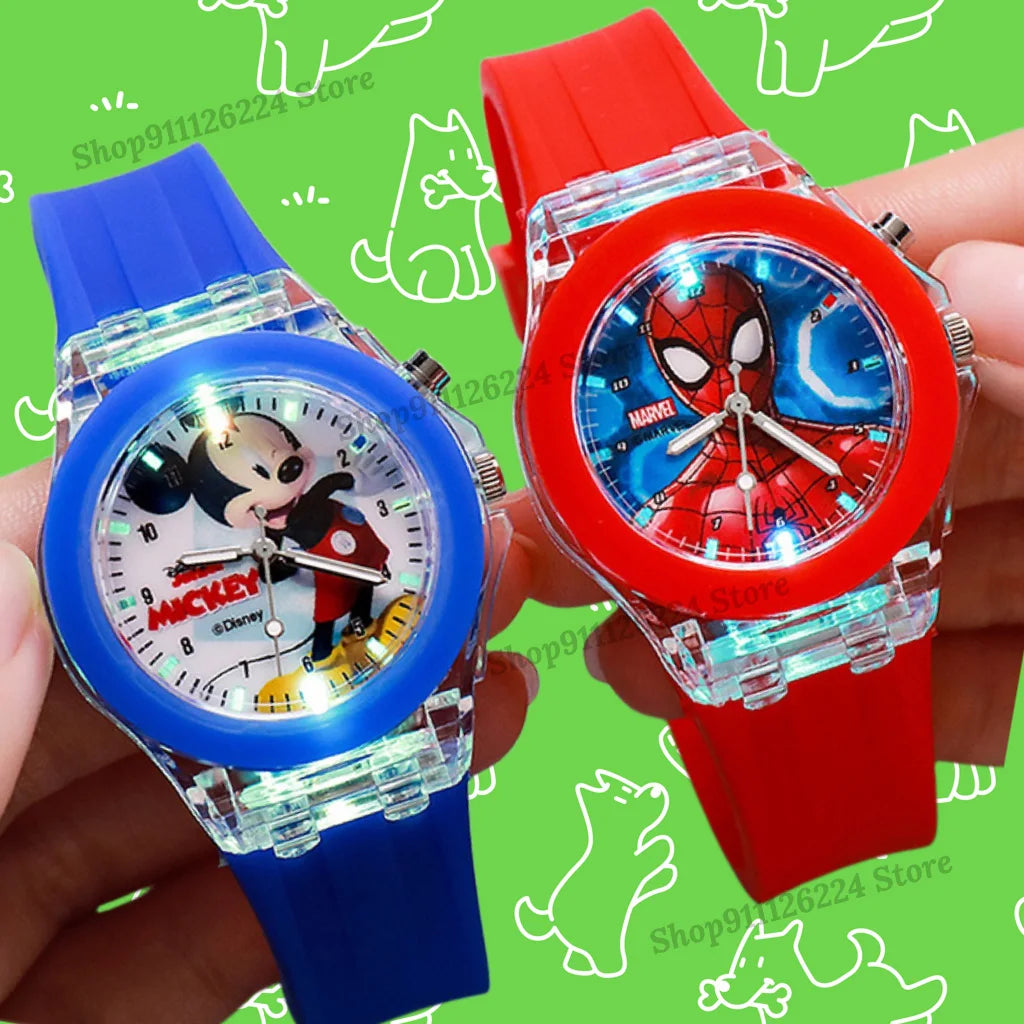 Disney Mickey Mouse Girls Watches Children Silicone Strap Colorful Light Spiderman Kids Watch Student Quartz Clock reloj infanti