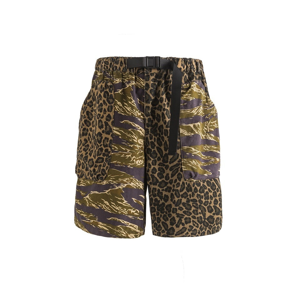 Retro Camouflage Stitching Leopard Print Cargo Shorts Men's And Women's Shorts