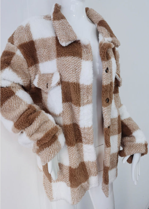 Women's Long-sleeved Double-pocket Plaid Furry Coat