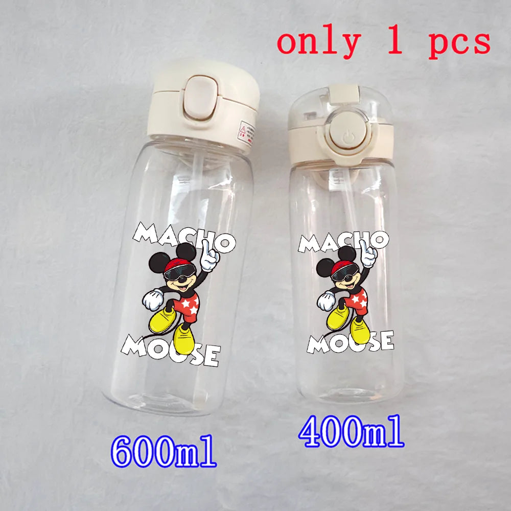 400-600ML Disney Mickey Mouse Straw Plastic Water Bottle Large Capacity Portable Transparent Kids Drinking Water Cup Donald Duck