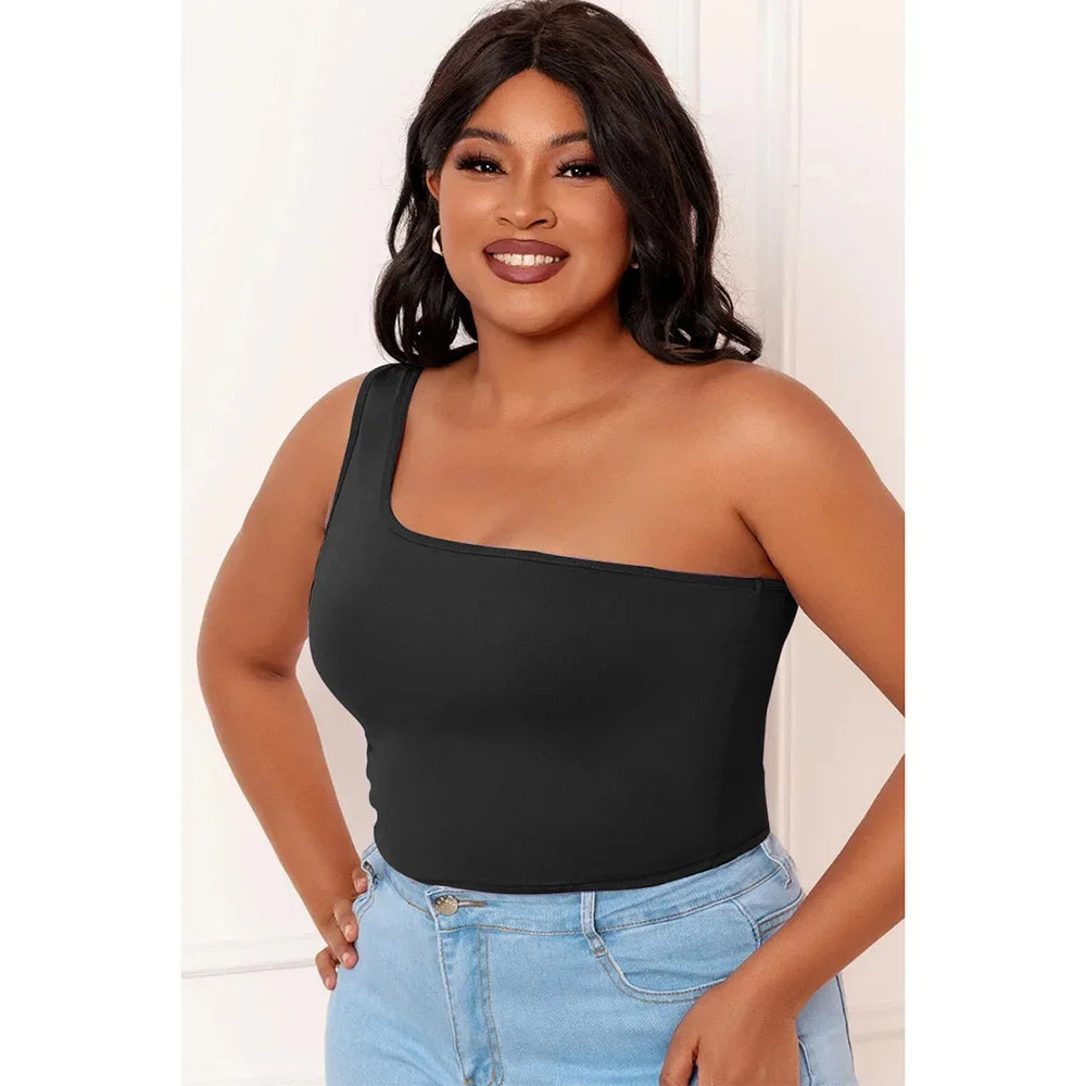 Plus Size Purple Casual One Shoulder Sleeveless Tank Top