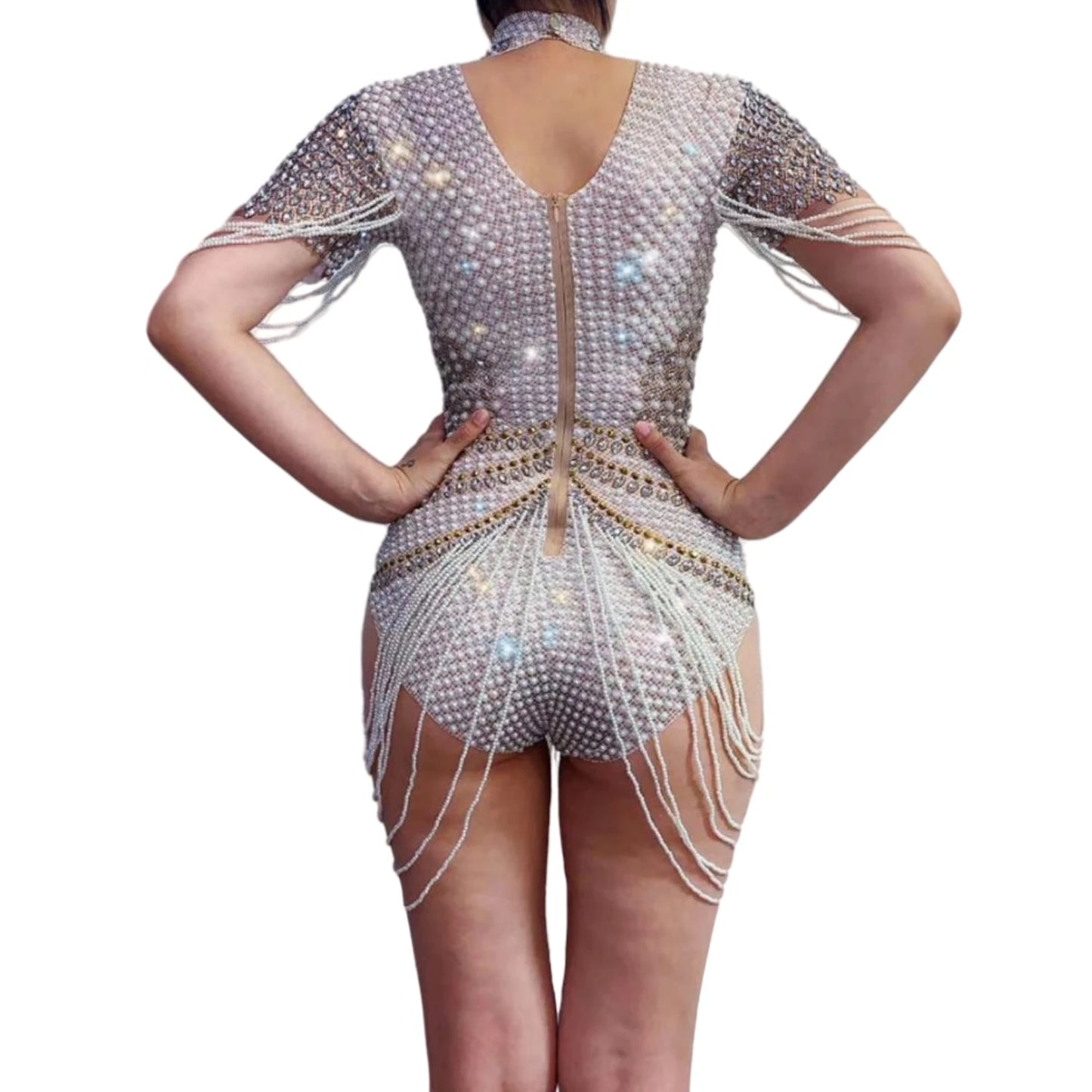 Vintage Pearls Rhinestone Party Bodysuits Stretch Fringes Crystal Leotard Women Dance Costume Showgirl Performance Wear Xiangya