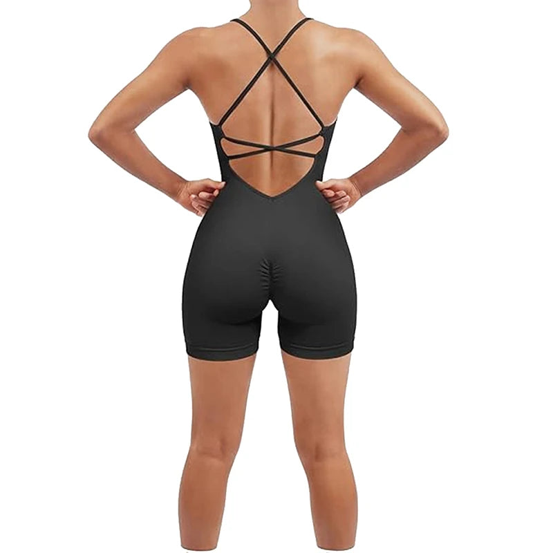 Women Strappy Romper Seamless Jumpsuit Tummy Control Padded One Piece Sports Bra Ribbed Quick-drying Fitness Tops