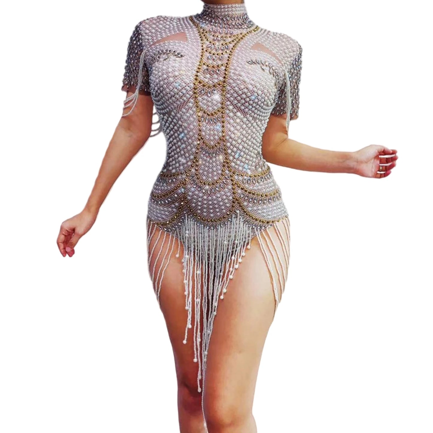 Vintage Pearls Rhinestone Party Bodysuits Stretch Fringes Crystal Leotard Women Dance Costume Showgirl Performance Wear Xiangya