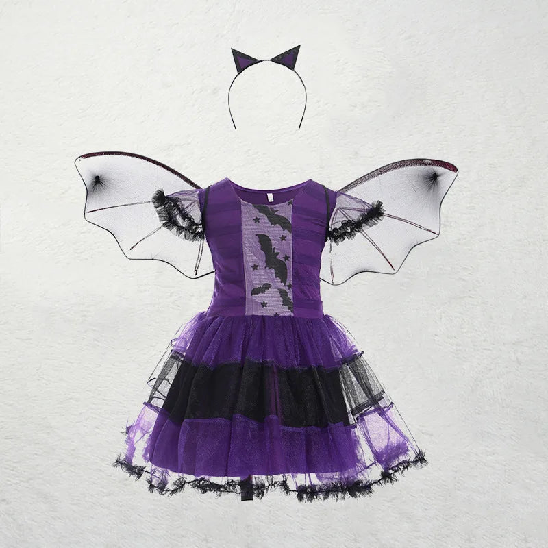 Girls Purple Bat Dress Kids Fancy Cosplay Vampire Demon Costume With Wing Headwear Halloween Carnivat Witch Role Play Clothes