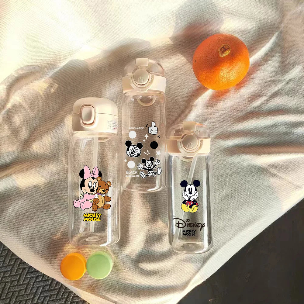 400-600ML Disney Mickey Mouse Straw Plastic Water Bottle Large Capacity Portable Transparent Kids Drinking Water Cup Donald Duck