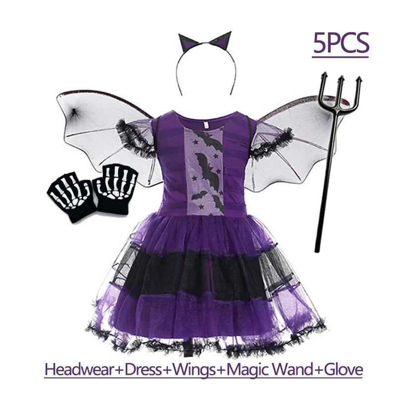 Girls Purple Bat Dress Kids Fancy Cosplay Vampire Demon Costume With Wing Headwear Halloween Carnivat Witch Role Play Clothes